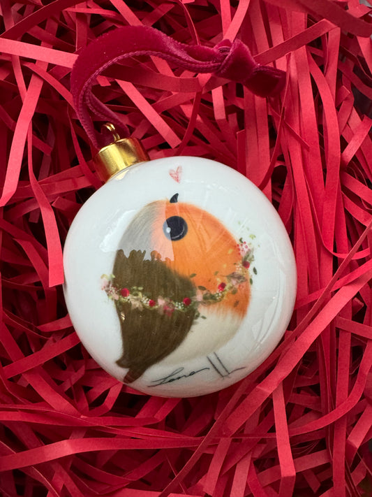 “ Seasons Tweetings” Bone China Robin bauble by Toni Lane